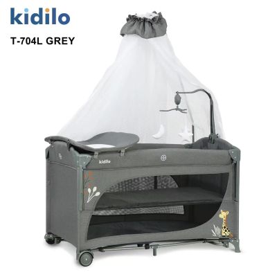 Kidilo T-704L – Krevat Multifunksional për Bebë 5 në 1 me Tavolinë Ndërrimi, Rrjetë Kundër Mushkonjave dhe Lodra Muzikore
